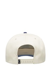 Romige katoenen honkbalpet met een blauwe knop bovenop. Voorzien van een verstelbare plastic strap en een zwart logo label op de achterkant.