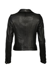Veste en cuir noire avec manches longues, col et détails des coutures, vue de dos sur fond blanc.