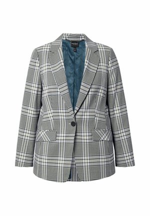 Blazer a quadri bianco e nero con chiusura a bottoni, due tasche frontali, revers a punta e foderato in teal a contrasto.