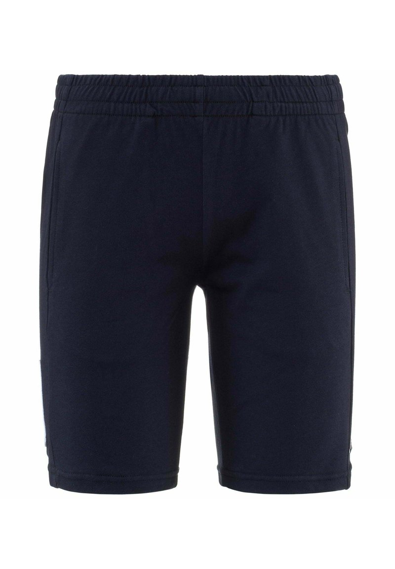 Pantaloni corto blu navy con vita elastica, realizzati in tessuto morbido, presentano tasche laterali e un design a taglio dritto.