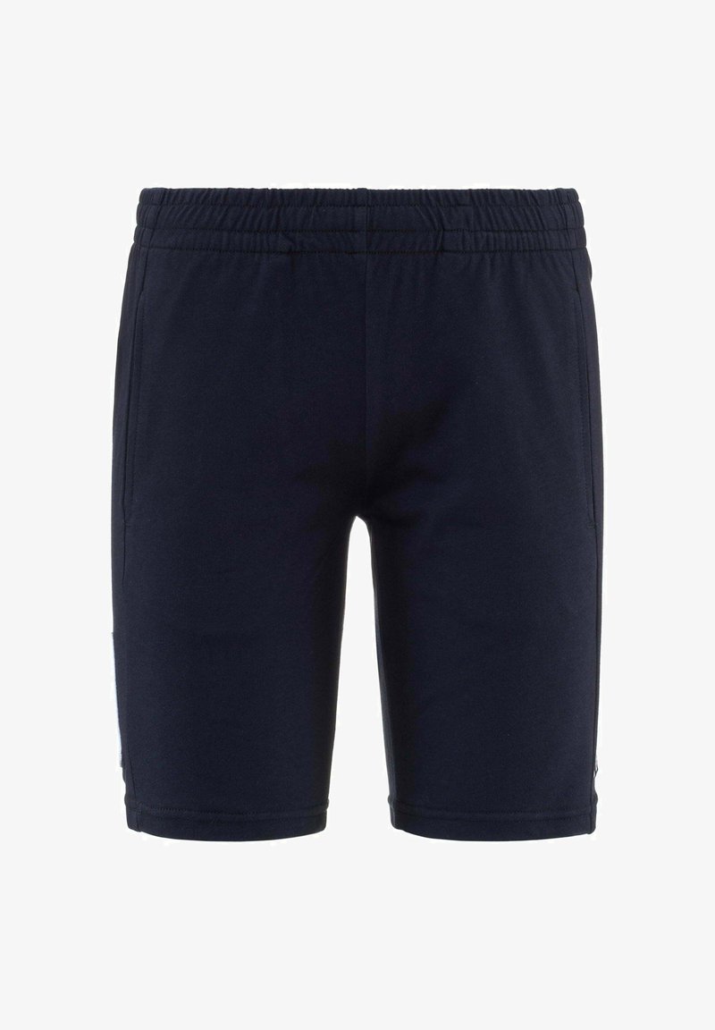 Pantaloni corto blu navy con vita elastica, realizzati in tessuto morbido, presentano tasche laterali e un design a taglio dritto.