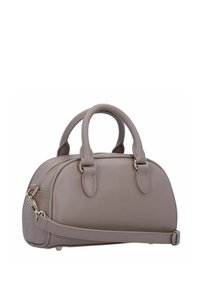 Borsa a mano in pelle rosa con duplice manico superiore, una tracolla removibile e chiusura con zip. Texture liscia e forma arrotondata.