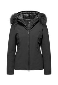 Giubbotto isolato nero con cappuccio bordato in pelliccia sintetica, zip frontale e due tasche laterali. Esterno liscio con un design aderente.