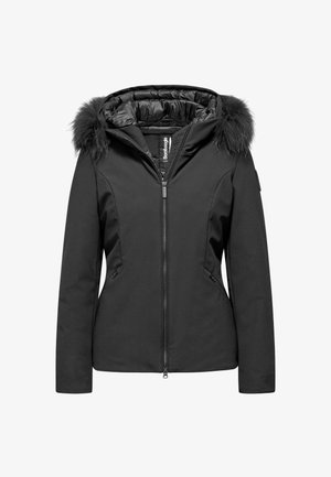 Black insulated jacket featuring a faux fur-trimmed hood, front zipper, and two side pockets. Smooth exterior with a fitted design.