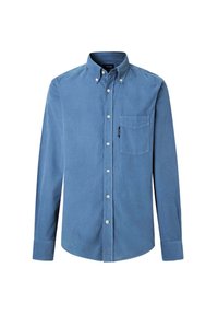 Blauwe button-up shirt van zacht materiaal. Voorzien van een borstzak, lange mouwen en een klassieke kraag. Gelaagd oppervlak, eenvoudige ontwerp.