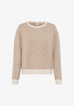 Crème trui met bruin geometrisch ruitpatroon, ronde hals, lange mouwen en geribbelde manchetten en zoom.