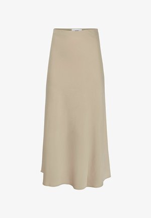 Beige midi-hame, joka on valmistettu sileästä kankaasta, jossa on kevyt kiilto. Hameessa on istuva vyötärö ja levenevä helma, mikä luo elegantin siluetin.