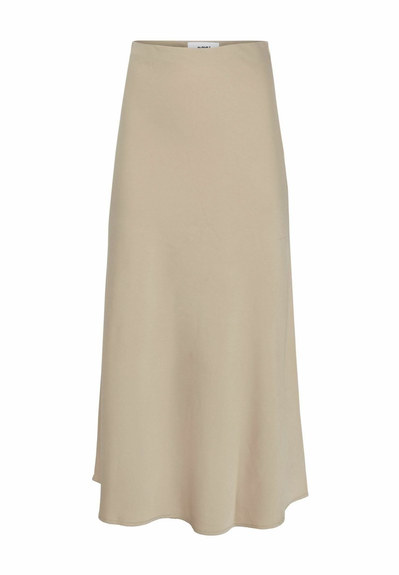 Beige midi skirt lavet af glat stof med en let glans. Har en tætsiddende talje og en udvidet kant, som skaber en elegant silhuet.