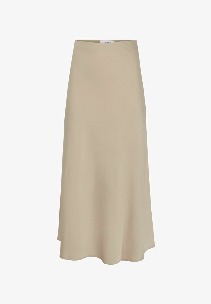 Beige midi skirt made of smooth fabric with a slight sheen. Features a fitted waist and flared hem, creating an elegant silhouette.
