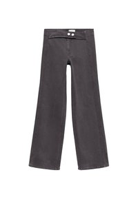 Jeans a vita alta grigio scuro con gamba larga, dotati di chiusura con doppio bottone argentato e senza tasche visibili, mostrati su uno sfondo bianco.