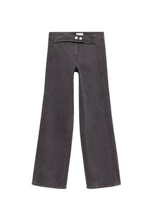 Jeans taille haute larges gris foncé avec fermeture à double bouton argenté et sans poches visibles, présentés sur un fond blanc.