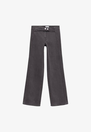 Jeans wide-leg de culoare gri închis, cu talie înaltă, închise cu două nasturi argintii și fără buzunare vizibile, prezentate pe un fundal alb.