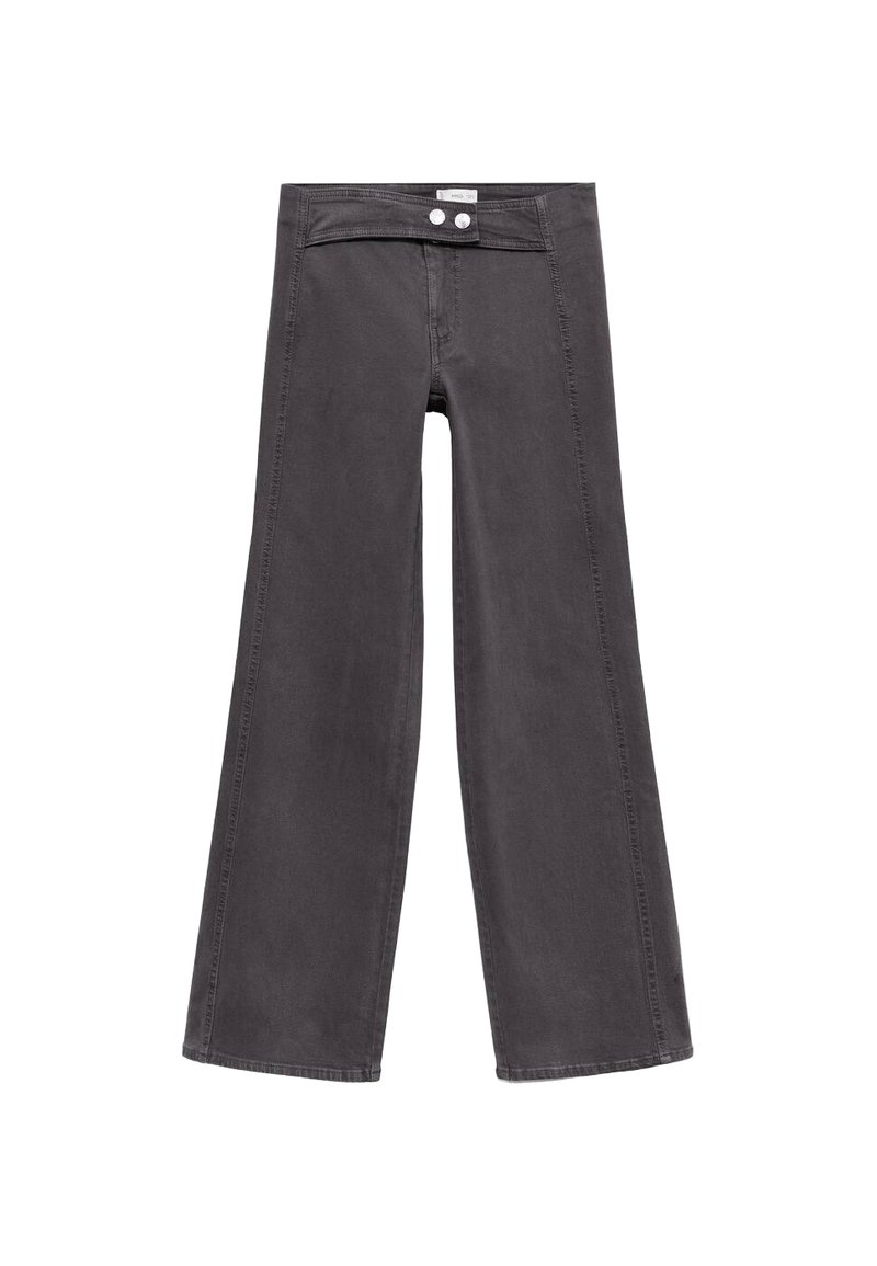 Jeans a vita alta grigio scuro con gamba larga, dotati di chiusura con doppio bottone argentato e senza tasche visibili, mostrati su uno sfondo bianco.