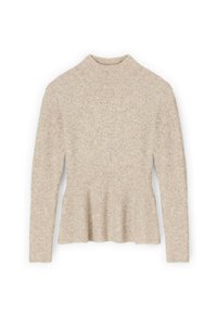 Béžový pletený svetr s vysokým límcem, dlouhými rukávy a volánovým lemem. Měkká textura s jemným melírovaným vzorem.