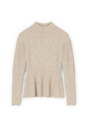Beżowy sweter z dzianiny z wysokim kołnierzem, długimi rękawami i baskinką. Miękka tekstura z subtelnym, melanżowym wzorem.