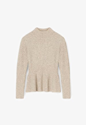 Beige gebreide trui met een hoge hals, lange mouwen en een peplumzoom. Zachte structuur met een subtiel, gemêleerd patroon.