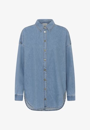 Cămașă din denim bleu cu mâneci lungi, nasturi pe partea din față, guler ascuțit și tiv curbat.