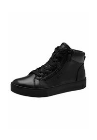 Baskets montantes noires en cuir lisse avec un bout arrondi, dotées d'un laçage à l'avant et d'une fermeture éclair sur le côté pour un accès facile.