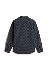 Zwart en grijs geruit flanellen shirt met lange mouwen, knoopmanchetten, een kraag en een rechte zoom.