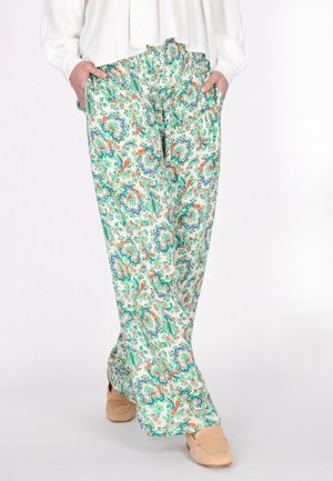 Wijdvallende broek van een lichtgewicht, ademende stof met een ingewikkeld bloemenpatroon in groen, oranje en blauw. Elastische tailleband met zakken.