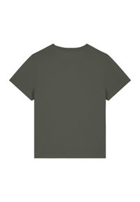Olijfgroene, korte mouwen T-shirt met ronde hals; gladde textuur, minimalistisch ontwerp, geen zichtbare patronen of versieringen.