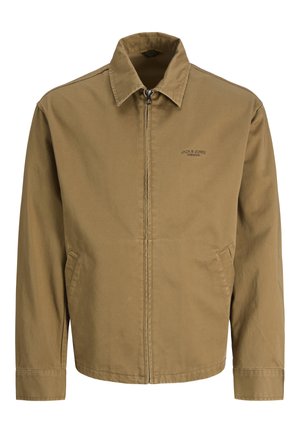 Leichte Herrenjacke in Hellbraun mit Reißverschluss und Kragen, langen Ärmeln, Seitentaschen und kleinem "Jack & Jones Premium"-Logo auf der Brust.