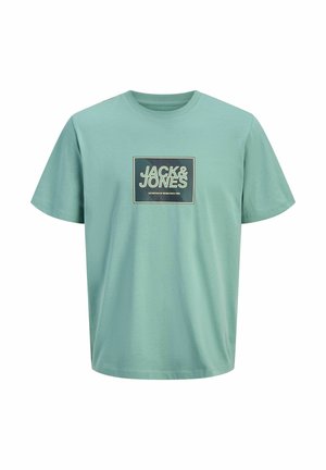 Mint green short-sleeve t-shirt made of soft cotton. Features a rectangular logo with "JACK & JONES" in bold, modern typography.
