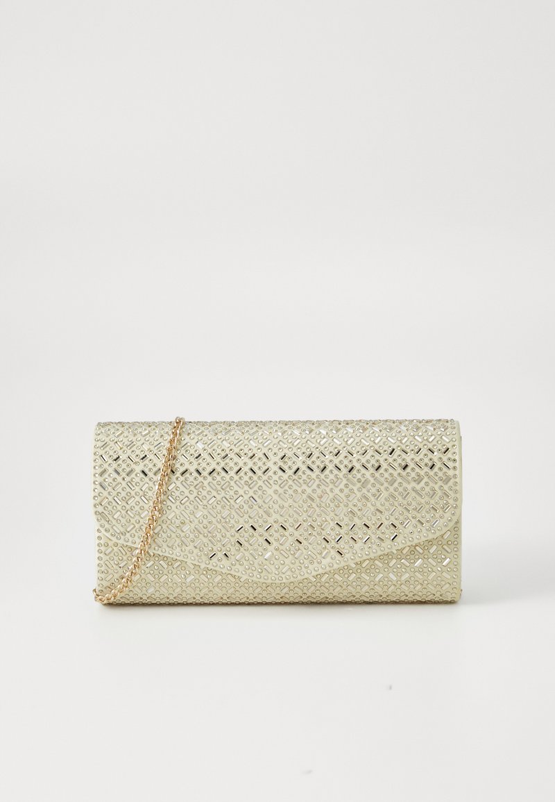 Clutch împletit cu fir aurit, având o suprafață texturată, cu un model în diamant și o curea din lanț aurit. Închiderea este de tip clapetă.