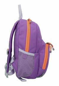Purple backpack with orange zippers, grey mesh pocket, adjustable straps, and a sturdy handle. Textured fabric with a structured design.