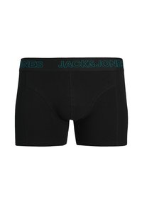 Mustad boxerid, mis on tehtud pehmest kangast, millel on türkiissinine JACK&JONES logoga vöörihm, tiheda lõikega ja ilma nähtavate mustriteta.