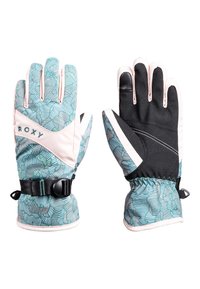 Gants Roxy avec un motif géométrique bleu clair et blanc, paume noire, sangle de poignet ajustable et poignets isolés pour la chaleur.