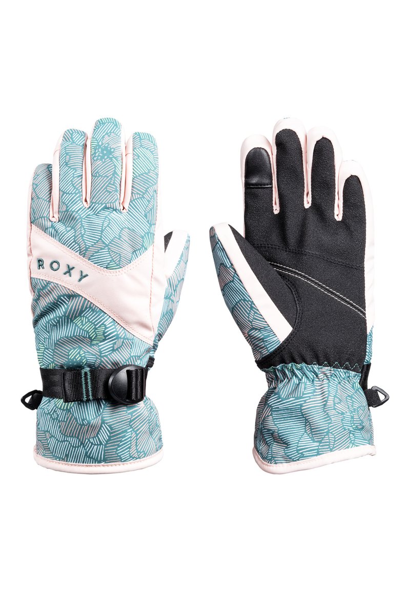 Gants Roxy avec un motif géométrique bleu clair et blanc, paume noire, sangle de poignet ajustable et poignets isolés pour la chaleur.