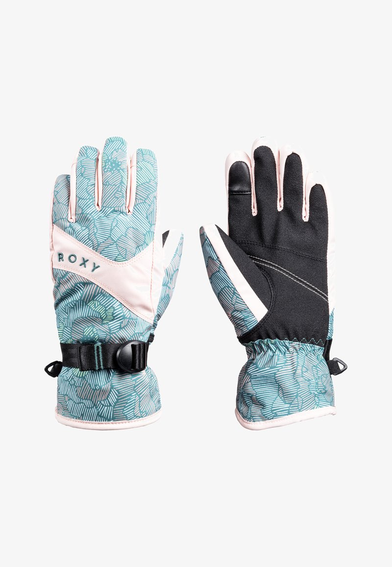 Guantes Roxy con un patrón geométrico en azul claro y blanco, palma negra, correa de muñeca ajustable y puños aislantes para mayor calor.