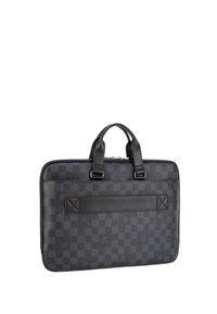Black leather laptop bag with a checkered pattern, dual top handles, and a zip closure. Features a smooth texture and two accent panels.