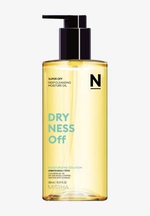 Läpinäkyvä keltainen pullo MISSHA Dryness Off -kosteuttavaa puhdistusöljyä, jossa musta pumppu, merkitty syväpuhdistukseen ja kuivan ihon hoitoon.