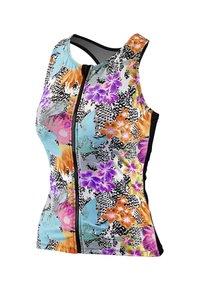 Débardeur de sport floral arborant un motif éclatant de fleurs orange, violet et teal avec des accents noirs. Zip à l'avant, design sans manches.