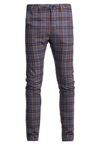 Slim-fit byxor i ett texturerat tyg med ett blått och brunt rutmönster, med knäppning och bältesh fungerar.