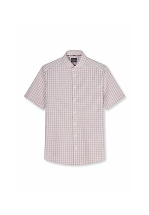 Camicia a maniche corte con bottoni, con piccolo motivo a quadretti rosa chiaro e grigio, colletto alla francese e bottoni sulla pattina frontale.