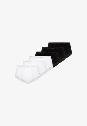 Six paires de sous-vêtements : trois blanches et trois noires. Chaque paire est composée d'un tissu lisse, d'une coupe taille mi-haute et d'une ceinture avec le logo de la marque.