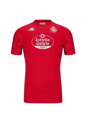 Maglia da calcio rossa con logo bianco Estrella Galicia 0.0, stemma del club Deportivo La Coruña e logo Kappa sul petto.