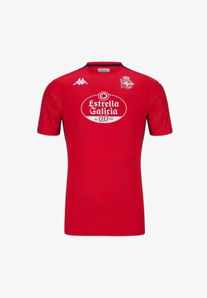Maglia da calcio rossa con logo bianco Estrella Galicia 0.0, stemma del club Deportivo La Coruña e logo Kappa sul petto.