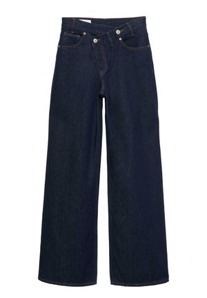 Jeans in denim blu scuro a gamba larga con vita alta e chiusura con bottoni, dotati di tasche anteriori e posteriori e cuciture marroni.