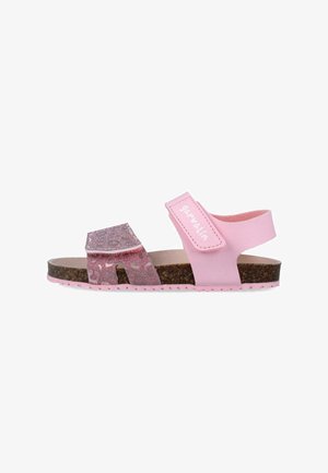 Sandalia infantil rosa con suela de corcho, tira frontal brillante con recorte y tira trasera ajustable con la etiqueta "garvalin", sobre fondo blanco.