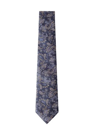 Corbata azul marino con intrincado patrón paisley en dorado y azul claro, tela texturizada y punta puntiaguda.