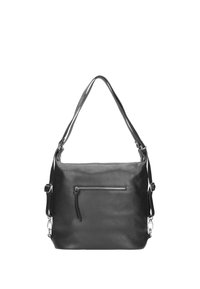 Borsa a tracolla in pelle nera con superficie texturizzata, dotata di una tasca frontale con zip, spallacci regolabili e forma rettangolare.