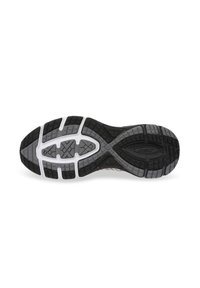 Black and gray athletic shoe sole with multi-directional tread pattern, rubber material, and segmented cushioning design for traction and stability.