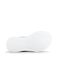 Witte rubberen schoenzool met een gemarmerd grippatroon en afgeronde randen. Voorzien van gegraveerde logo-details, ontworpen voor duurzaamheid en tractie.