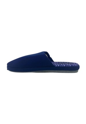 Pantofole blu navy senza lacci con punta chiusa, soletta imbottita con motivo e suola piatta grigia, viste di lato.