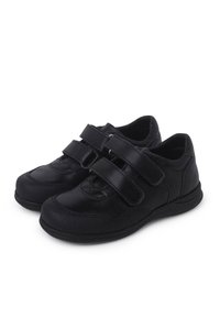 Scarpe nere con tomaia sintetica testurizzata, dotate di due cinturini in Velcro, punta arrotondata e suola imbottita. Adatte per un abbigliamento casual.