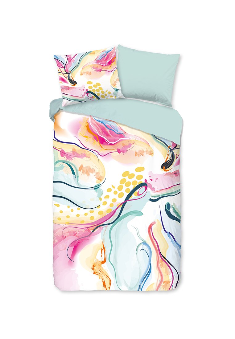 Bettwäsche-Set mit einem bunten abstrakten Design in Pastellrosa, Gelb und Mintgrün auf einem weißen Hintergrund. Enthält zwei Kissenbezüge.